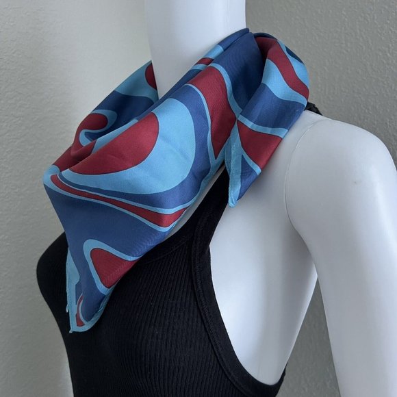 Vintage Rhodia Square Scarf Blue Red Wave Swirl Made in Italy - Picture 2 of 7